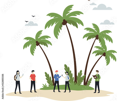 People standing on an island in the ocean. palm, beach, tree, tropical, summer, vector, island, sea, illustration, nature, sun, silhouette, travel, landscape, ocean, sky, vacation, sunset, water, para
