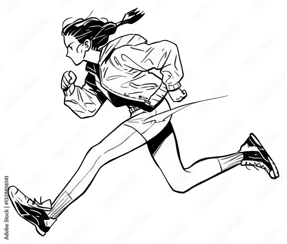 Fototapeta premium PNG Outline sketching illustration of a woman running drawing cartoon determination.