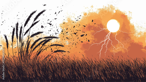 The image is a stylized digital illustration depicting a sunset over a field of wheat.  The left side shows silhouetted wheat stalks against a lighter background.  The right side features a