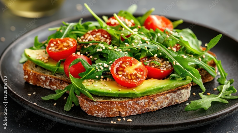 Fresh Avocado Toast with Cherry Tomatoes and Greens on Dark Plate Fresh Avocado Toast with Cherry Tomatoes and Greens on Dark Plate