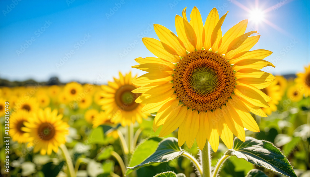 Vibrant sunflower basking in sunlight in a field, natural beauty Vibrant sunflower basking in sunlight in a field, natural beauty