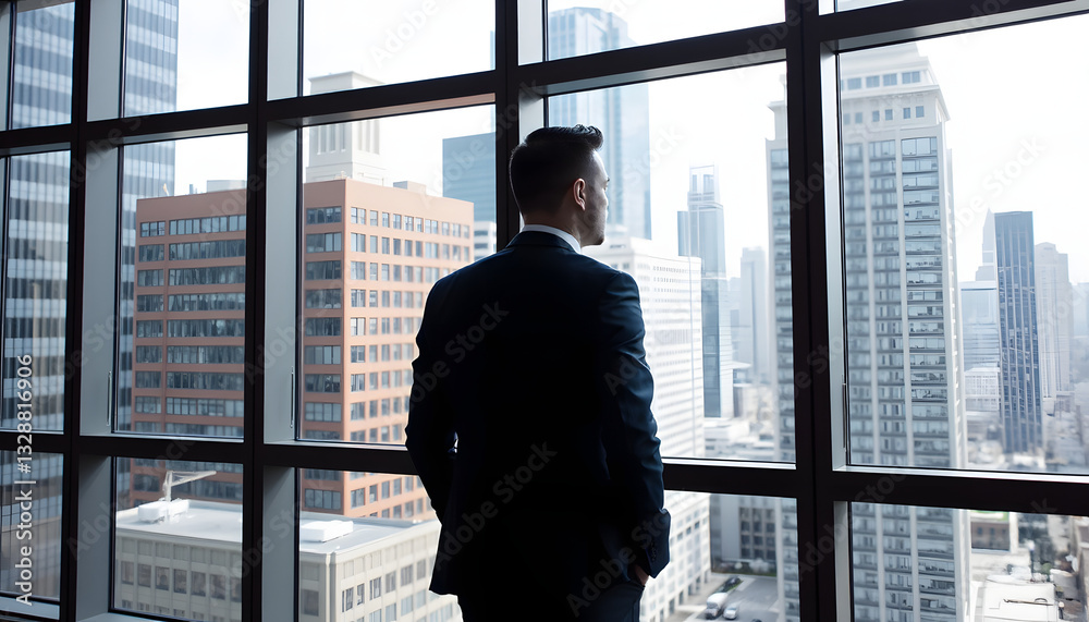 Successful businessman in suit standing in office looking through window at big city buildings, angled photoshot. isolated with white highlights Successful businessman in suit standing in office looking through window at big city buildings, angled photoshot. isolated with white highlights