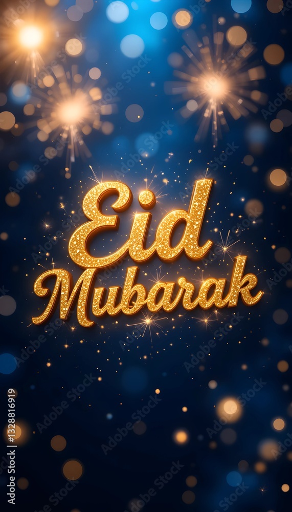 Glittering Eid Mubarak Celebration with Golden Sparkles, Fireworks, and Festive Lights on a Deep Blue Background – Joyous Islamic Holiday Greeting Glittering Eid Mubarak Celebration with Golden Sparkles, Fireworks, and Festive Lights on a Deep Blue Background – Joyous Islamic Holiday Greeting