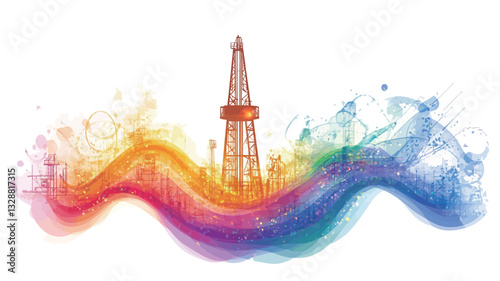 The image is a stylized illustration featuring an oil derrick positioned centrally. The derrick is rendered in a detailed yet simplified manner, showing a tall structure with platforms and
