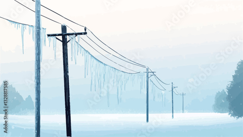 The image shows a line of utility poles with power lines heavily coated in ice. The background is a snowy, overcast landscape. The overall color palette is muted blues and whites, with the dark