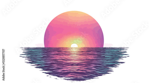 Digital illustration of a sunrise reflected in a body of water. The image is presented in an oval shape. The color palette consists of gradients of pink, purple, orange, and yellow, representing