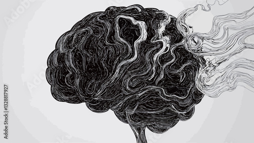 A grayscale illustration depicts a stylized human brain with prominent, flowing lines suggesting blood vessels or neural pathways.  The brain is rendered in dark grayscale tones, while the vessels