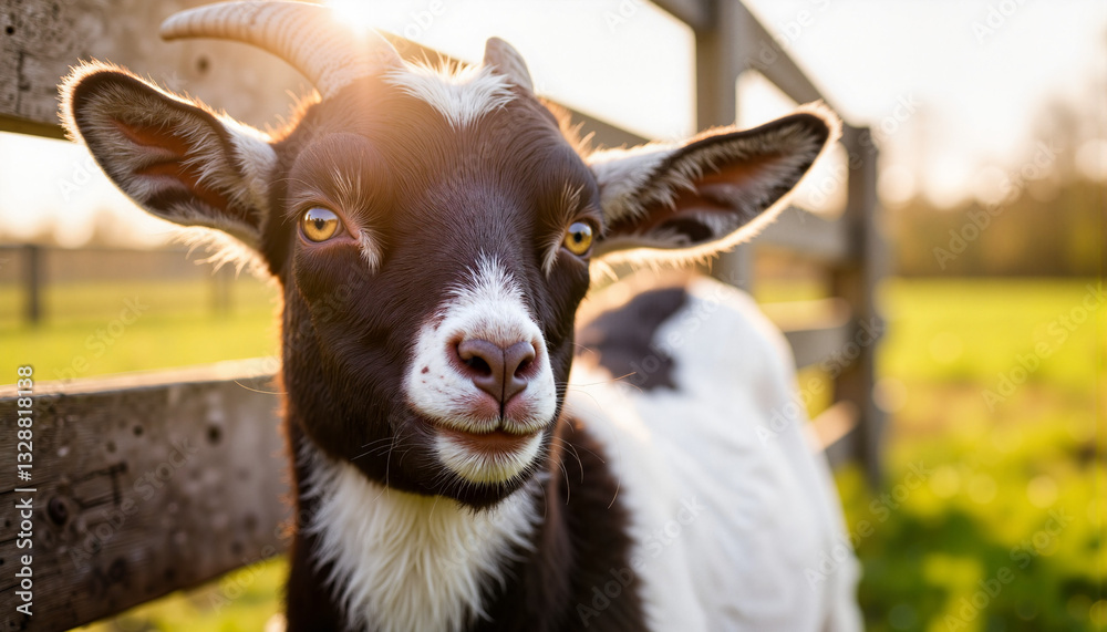 Inquisitive goat posing by rustic fence in sunlit pasture, charm Inquisitive goat posing by rustic fence in sunlit pasture, charm