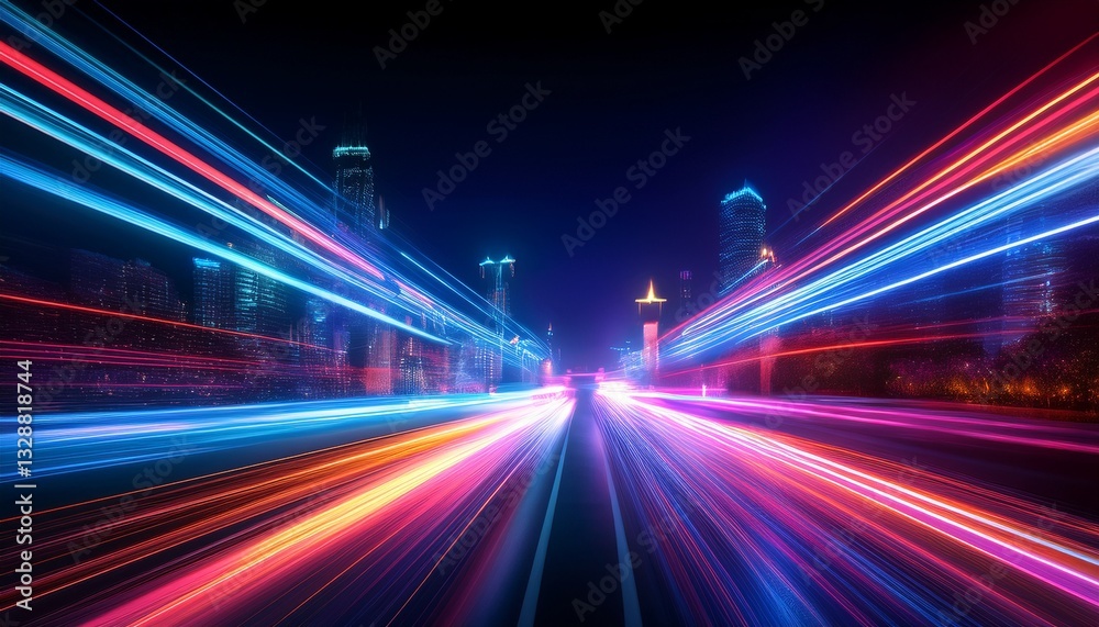 Fototapeta premium Vibrant neon light trails slicing through darkness with long exposure effect, dynamic motion and glowing reflections