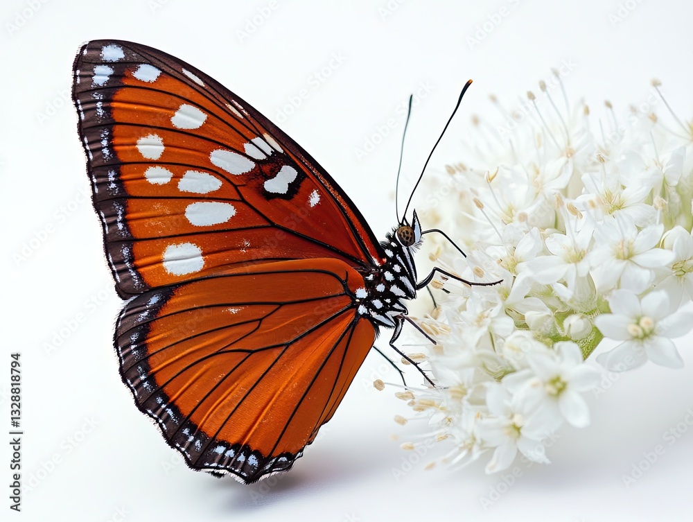 Obraz premium Monarch Butterfly resting gracefully on a Cluster of Delicate White Flowers