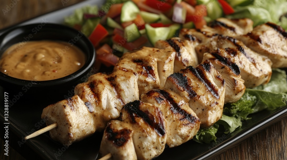 Grilled Chicken Skewers Served with Fresh Vegetables and Peanut Sauce on a Dark Plate Grilled Chicken Skewers Served with Fresh Vegetables and Peanut Sauce on a Dark Plate