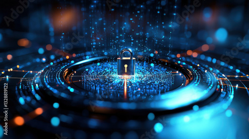 glowing digital padlock surrounded by data streams in futuristic setting