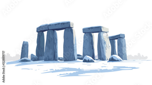 Digital illustration depicting a cluster of large, upright stones reminiscent of Stonehenge, covered in snow.  The stones are rendered in shades of blue-grey, suggesting a cold, wintery atmosphere.