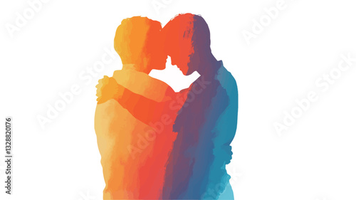 The image depicts two abstract human figures embracing. The figures are rendered in a watercolor style, with a color gradient transitioning from warm oranges and reds on one figure to cool blues