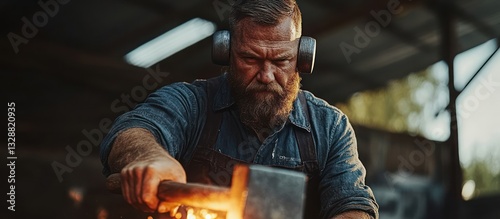 Blacksmith forging metal, workshop, fire