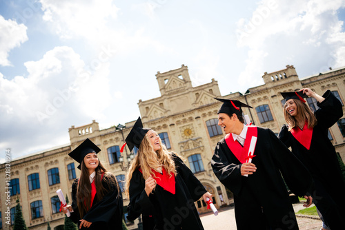 фотографія Four young graduates celebrating in front of an ornate university building, clutching diplomas and wearing traditional academic attire