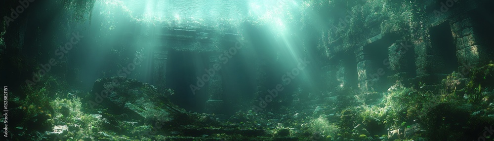 Fototapeta premium underwater scene of a cave with sun rays coming through water and beautiful coral and rocks 