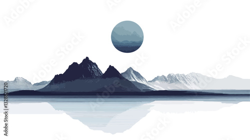 The image depicts a stylized minimalist landscape featuring a range of dark blue mountains reflected in calm, still water.  The mountains are rendered with soft edges and subtle shading, creating a