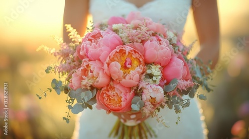 Beautiful coral peonies bouquet with eucalyptus held by bride in white dress against a sunset backdrop