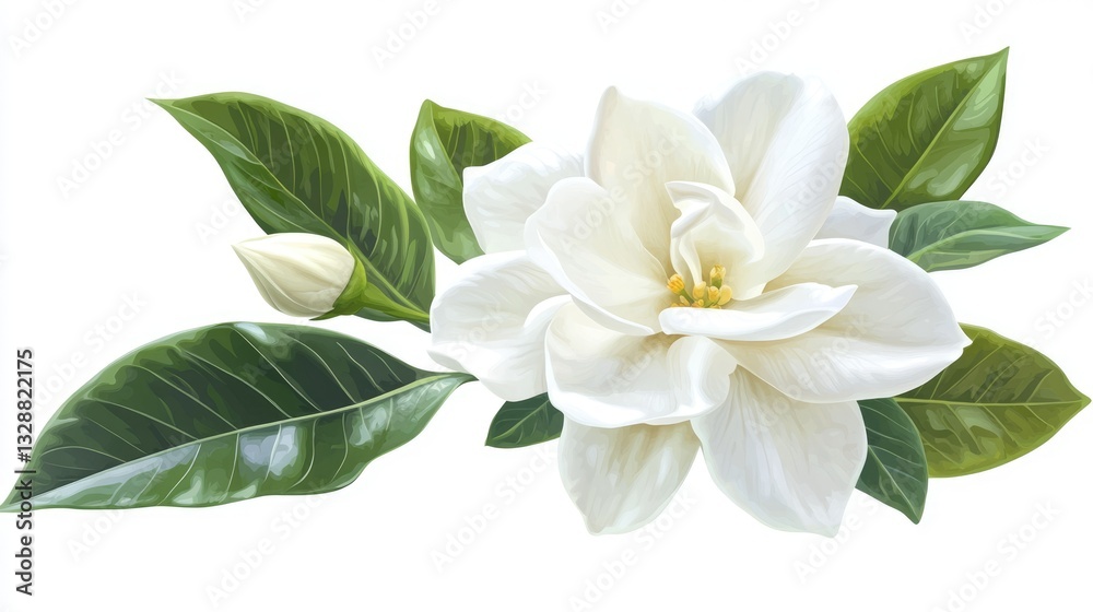 Fototapeta premium White Gardenia Flower with Green Leaves