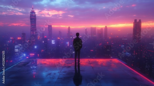 Businessman enjoys a panoramic city night view from a rooftop balcony overlooking urban skyline