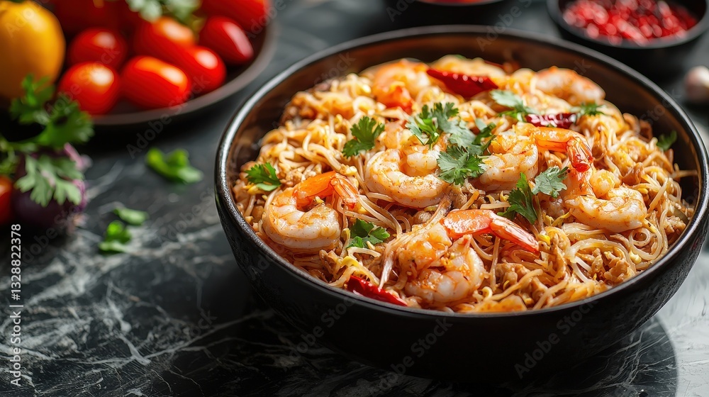 Sea food Mie cakalang Indonesian dish from North Sulawesi Dish top view on a dark marble background Sea food Mie cakalang Indonesian dish from North Sulawesi Dish top view on a dark marble background