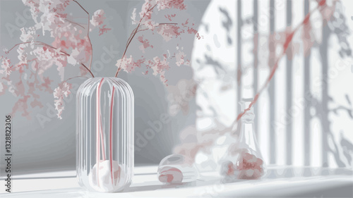 Close-up shot of a transparent ribbed glass vase containing light pink dried flower branches. The vase sits on a white surface, with additional light pink dried floral elements scattered around the