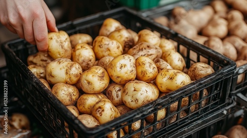 Cashier scanning fresh potatoes at busy supermarket checkout during peak shopping hours