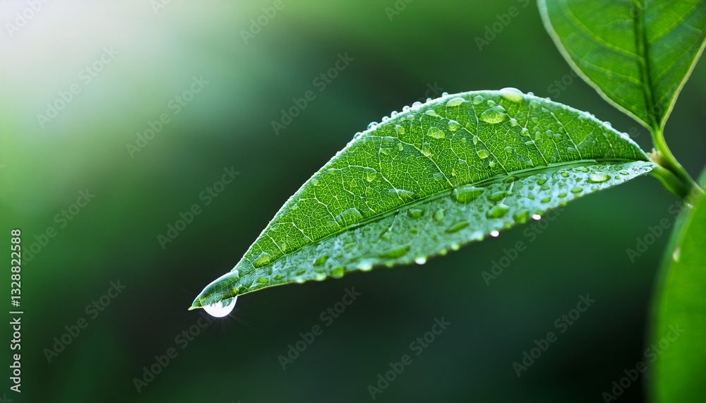 Obraz premium Breathtaking ultra-close-up of fresh dewdrops delicately clinging to a single vibrant green leaf, captured in high-detail macro photography. Pure and refreshing nature detail.