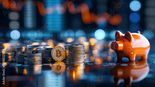 visually striking concept of cryptocurrency investment with coins and piggy bank