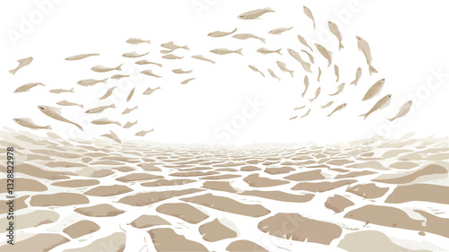 The image is a digital illustration depicting a school of stylized fish forming a swirling pattern against a white background. The fish are a light beige color, and their shapes are simplified.