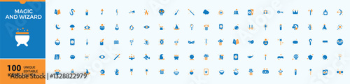 Set of Magic And Wizard colorful solid icons. Pack of miracle, magical, wand, trick, mystery, fantasy, magician. Flat filled style icons. Entertainment solid icon. Vector collection.