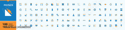 Physics colorful modern icons. Featuring atomic, science, analysis, research, scientific, experiment, laboratory and more. Expanded stroke. Lab icons set in filled style. Vector illustration.