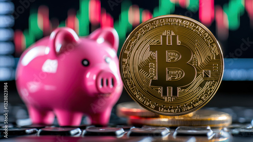 golden cryptocurrency coin next to pink piggy bank, symbolizing savings and investment
