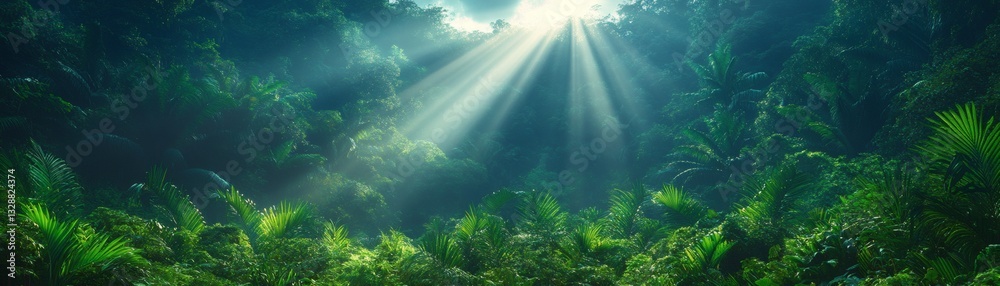 Obraz premium sunbeams streaming through lush, green foliage, creating a serene and magical atmosphere. The scene captures the beauty and tranquility of a natural environment.