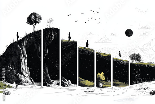 graphic representation of life journey, showcasing progression and transformation with pensive mood, blending nature and ethereal elements