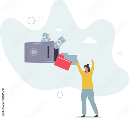 Bank safe with secured money and valuables in security.Financial protection with insurance and wealth savings locked in trusted place.flat character life .