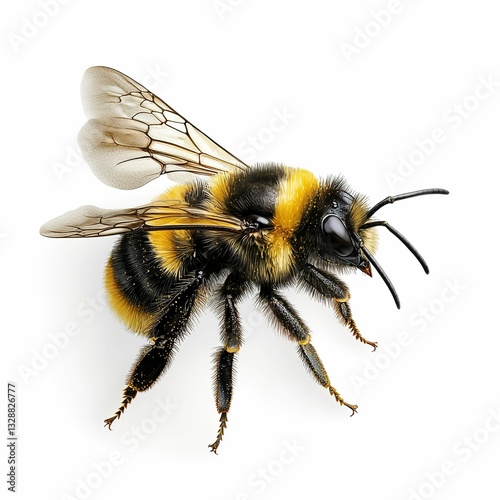A realistic close-up of a bee, isolated on a pure white background.