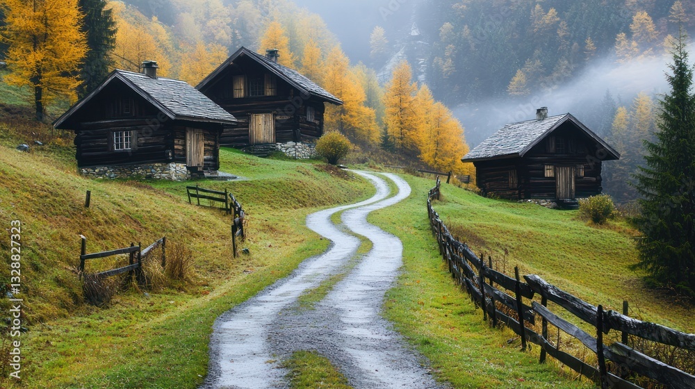 Misty Autumn Village Road Misty Autumn Village Road