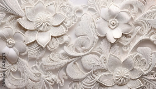 Elegant soft white lace pattern showcasing intricate embroidery details, exuding a delicate and classic charm. Perfect for backgrounds, textiles, and vintage-inspired designs