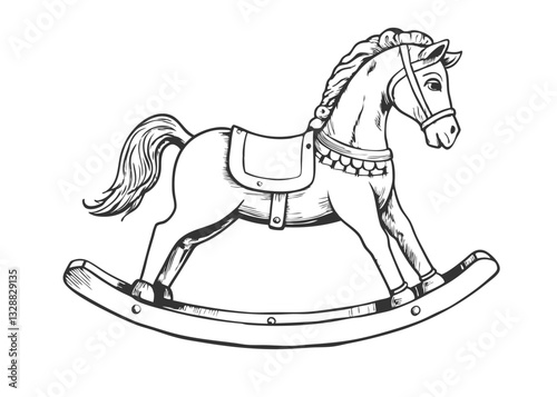 A rocking horse toy. Gift. hand drawn ink sketch of a vintage wooden baby rocking horse Outline vector illustration