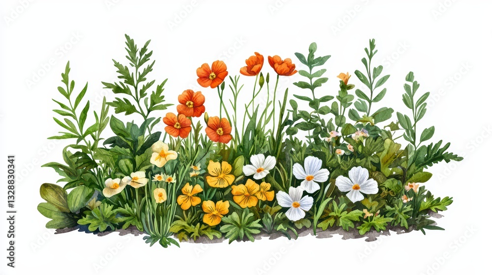 Dreamy Watercolor Fairy Tale Garden Scene With Vibrant Flowers and Lush Greenery