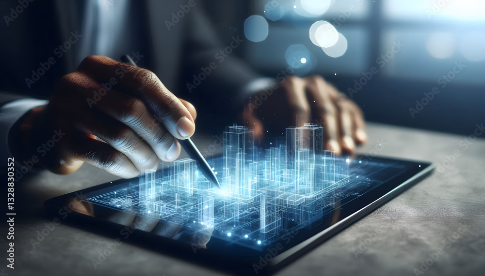 Fototapeta premium A professional individual using a tablet to design or analyze 3D digital city structures, showcasing advanced technology in urban planning or architectural design.