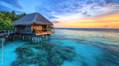 A charming wooden bungalow stands on stilts above the turquoise waters as the sun sets, casting warm hues across the sky. Lush vegetation surrounds the tranquil scene, creating a peaceful atmosphere