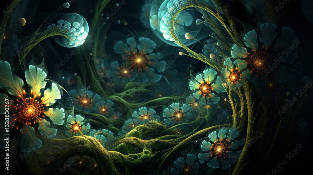 Obraz premium A surreal composition of luminous flowers and twisting vines in a mystical, otherworldly environment with vibrant colors