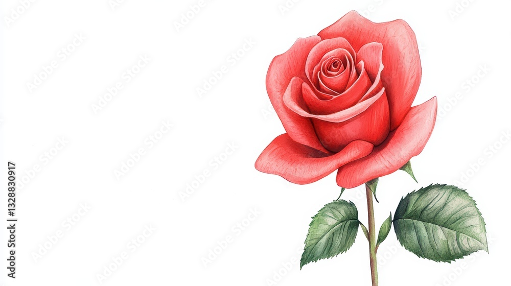Fototapeta premium Delicate Watercolor Painting of a Single Blooming Rose with Soft Petals and Green Leaves