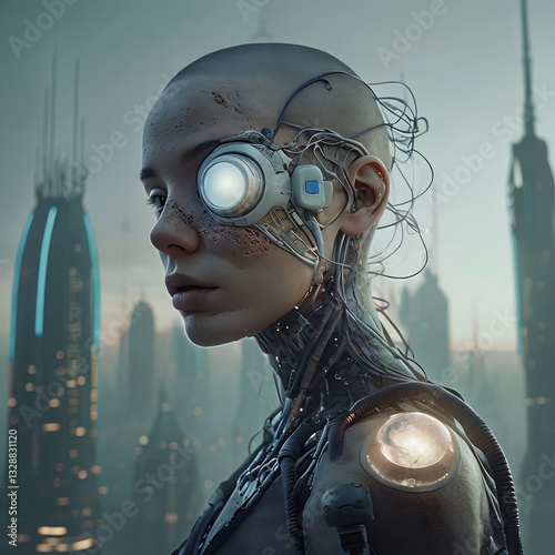 donna cyborg in armatura tecnologica con innesti meccanici in una futuristica città, Cyborg woman in technological armor with mechanical couplings in a futuristic city