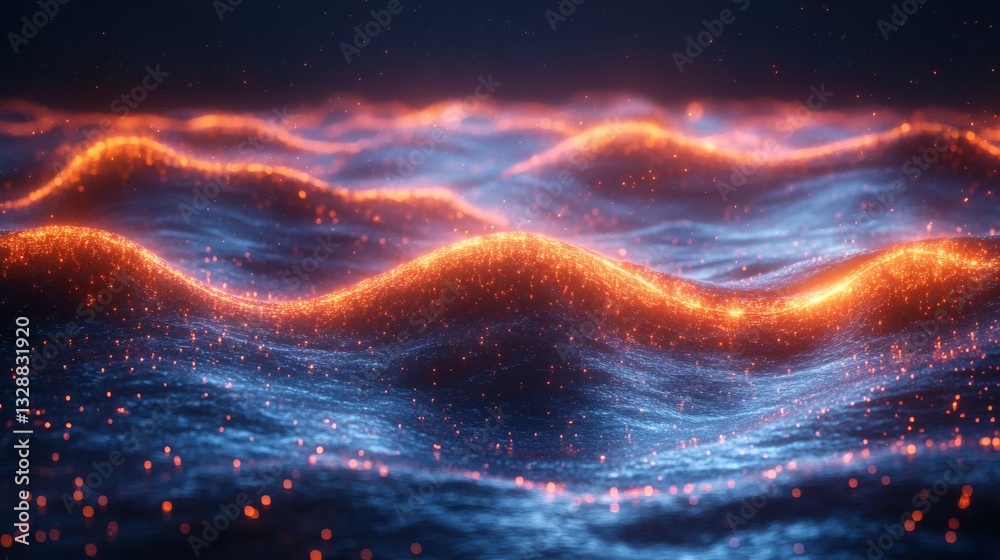 Obraz premium glowing waves with an orange-blue color scheme, creating a magical, abstract landscape