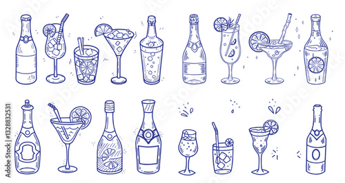 Vector set of glass bottles, Alcohol cocktail doodle set, wine glass, ribbon bow, champagne vector 