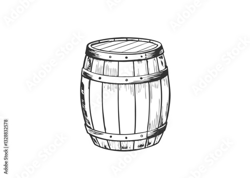Wooden barrel, black and white drawing of a wooden barrel with a line through
